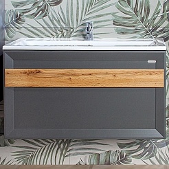 Бриклаер Мебель для ванной Берлин 100 оникс серый с ручкой дуб золотой – фотография-3